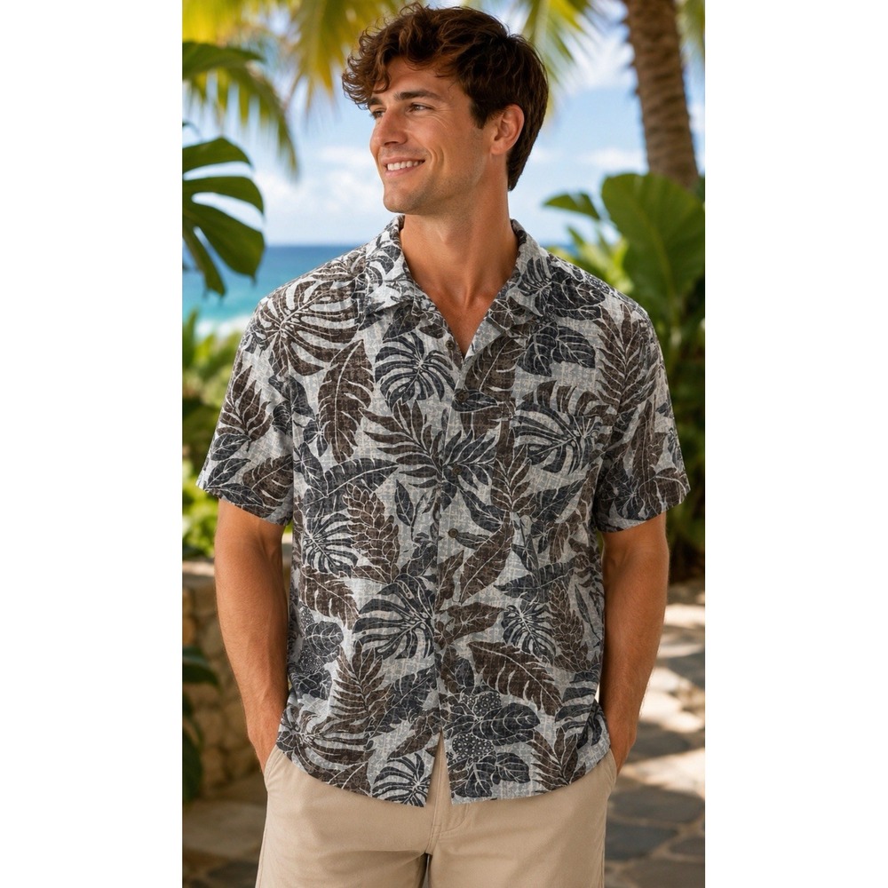 Columbia M Blue Gray  Palm Tropical Classic Short Sleeve Button-Up Shirt Coastal